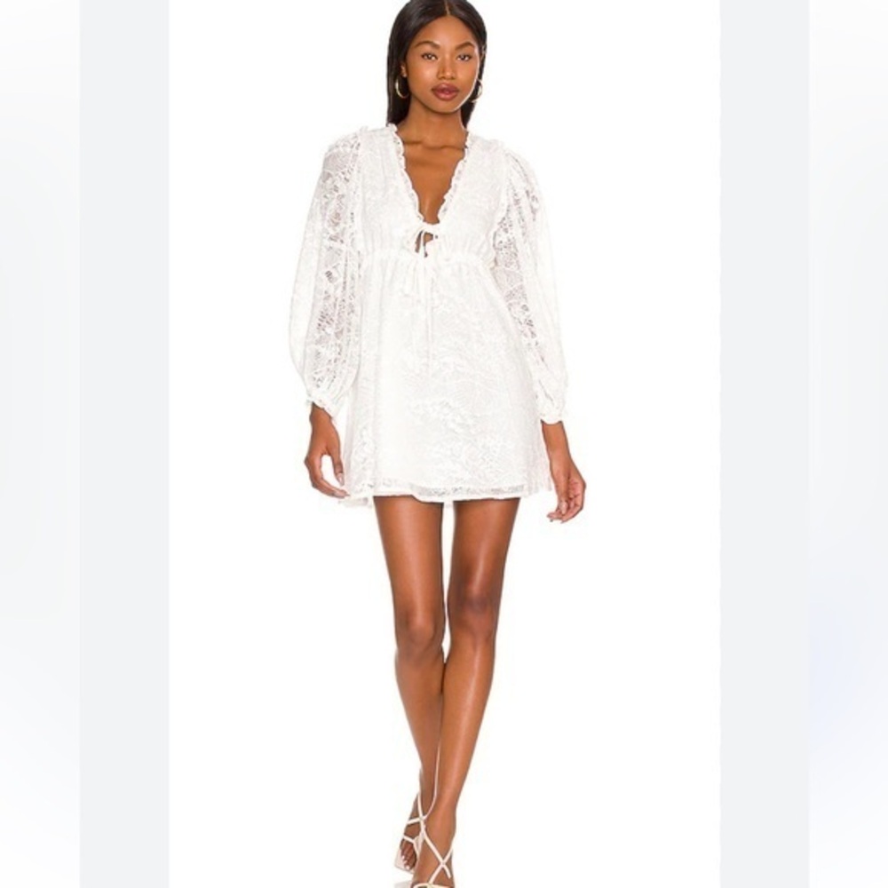 For Love & Lemons White Lace Long-Sleeve Mini Dress